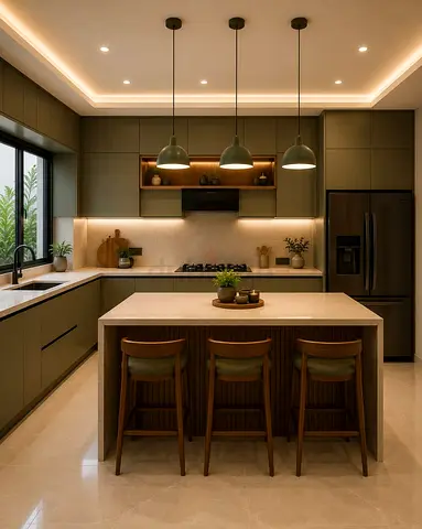 Modern olive-green kitchen island