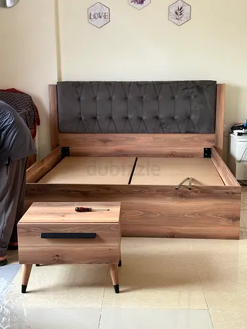 Wooden King Bed Frame with Upholstered Headboard and Matching Nightstands and Dresser with Mirror