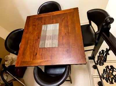 Solid Wood Square Dining Table with 4 Leather High Chairs - Compact set in perfect condition
