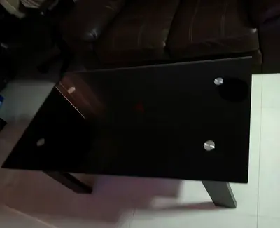 Black Glass Top Coffee Table with Wooden Legs - Good Condition