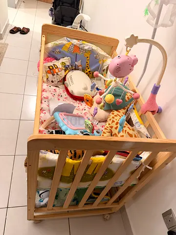 Wooden Baby Crib with Mobile and Toys - Good Condition