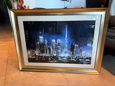 High-end Framed Dubai Night Cityscape Print with Gold Frame, 95x70cm