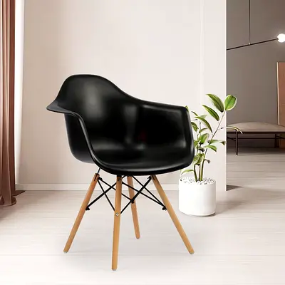 Black Mid-Century Modern Plastic Armchair with Wooden Legs