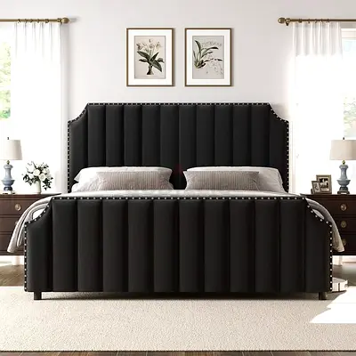 Elegant Black Velvet Upholstered Bed Frame with Studded Detail