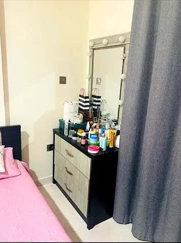 Small 3-Drawer Dresser with Vanity Mirror — Good Condition,also bed set & side table