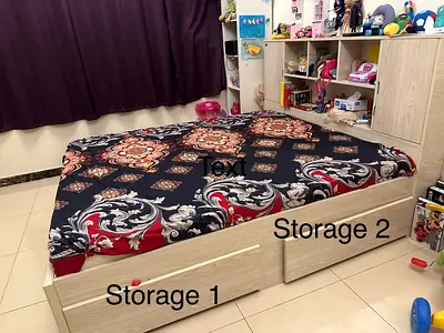 King Size storage bed with built-in drawers — light wood finish