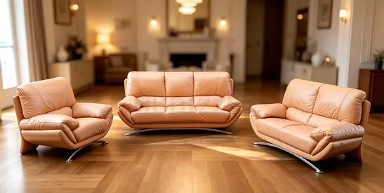 Genuine leather 3-piece sofa set — tan, modern design, gently used