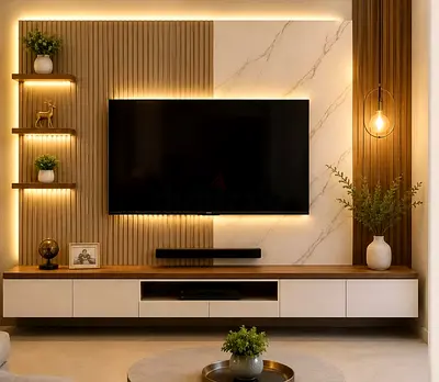 Wal unit with panels and lights