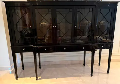 Black Glass Display Cabinet with Drawers - Large Sideboard/China Cabinet