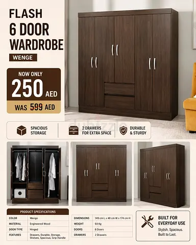 6-Door Wenge Engineered Wood Wardrobe with 2 Drawers - Spacious