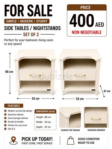 Set of 2 Cream Side Tables / Nightstands - Good Condition