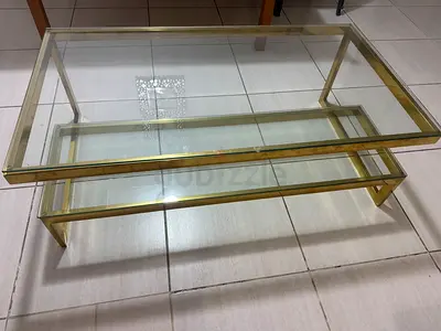 Glass Coffee Table with Brass Frame - Modern Rectangular Two-Tier