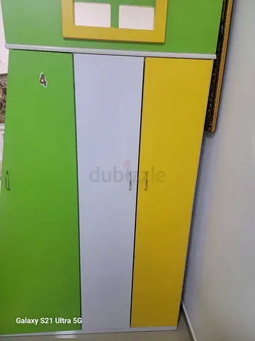 Bunk bed with storage unit with colored drawers (green & yellow)