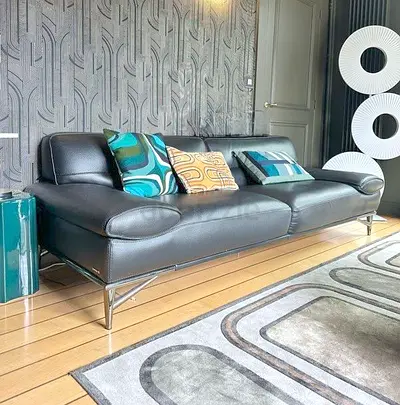 Original ROCHE BOBOIS Large 2.5-seater sofa couch premium Italian grain leather grey L196 H75 D95 cm