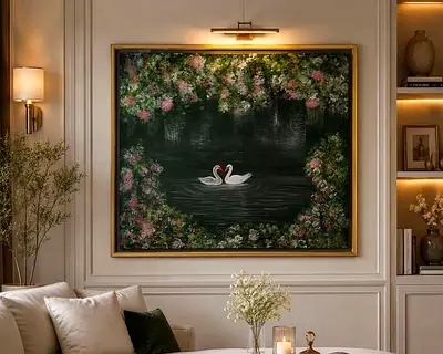 Framed Floral Swans Wall Art Painting - Large Elegant Canvas
