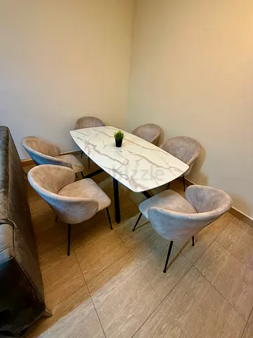 Modern Marble-Top Dining Table with 6 Upholstered Chairs