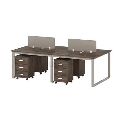 4-Person Workstation Desk Walnut & Khaki with Privacy Dividers and Mobile Pedestals