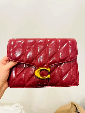 Burgundy Quilted Leather Coach Shoulder Bag with Gold C Clasp