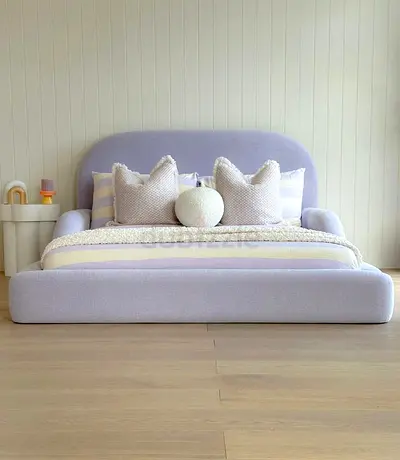 Low-profile upholstered double bed with curved headboard - light lavender