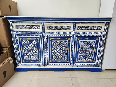 Hand-painted Blue Moroccan Style Wooden Sideboard 152x43x91cm