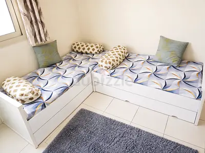 Well-maintained white wooden 2 beds . ✨ Includes mattresses, bedsheets and cushion