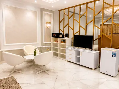 White TV Console with Open Shelves and Matching Small Fridge - Modern Living Room Set, Tv and others