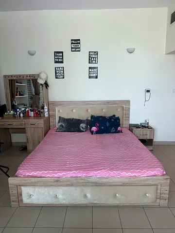 Queen bed frame with headboard and matching bedside table - light wood
