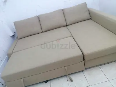 Beige L-Shaped Corner Sofa Bed with Pull-out Mattress