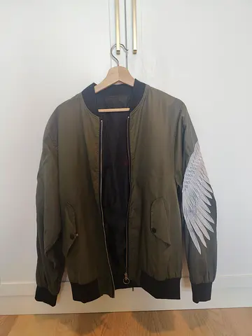 Olive green bomber jacket with wing print - size m