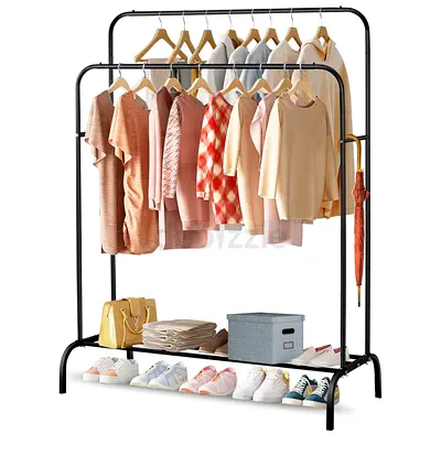Metal Double Rail Garment Rack with Shoe Shelf and Umbrella Holder