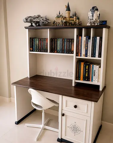 Wooden Study Desk with Overhead Bookshelf and Drawer - White & Dark Top