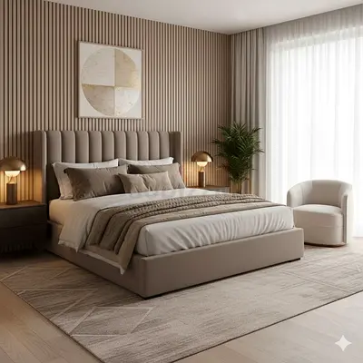 Queen upholstered bed frame with padded headboard - beige