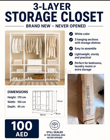 Brand New 3-Layer White Storage Closet - Still Sealed (170x150x45 cm)