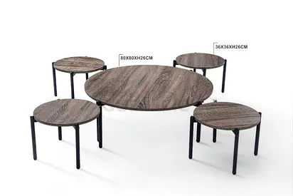 5-Piece Nesting Round Coffee & Side Table Set - Wood Effect Tops, Black Legs