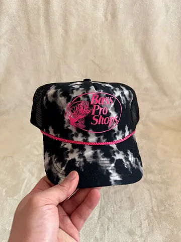Bass pro shops - Black & White Tie-Dye Trucker Cap with Pink Logo (One Size)