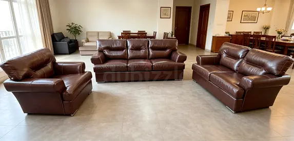 3-Piece Brown Leather Sofa Set — 3-seater, 2-seater and Armchair