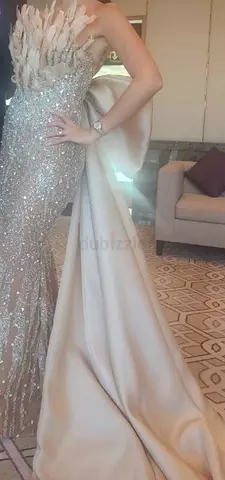 Embellished luxurious champagne evening gown with detachable satin train - size small