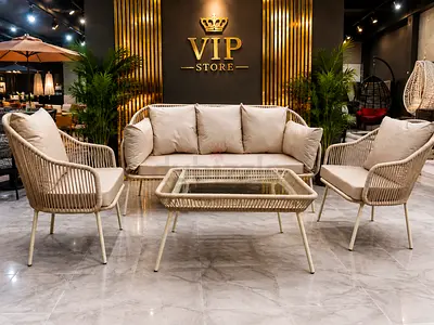 New 4-piece rattan-style outdoor lounge set with glass coffee table - beige cushions