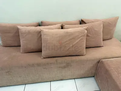 Beige L-shaped Sofa Section with Cushions - Good Condition