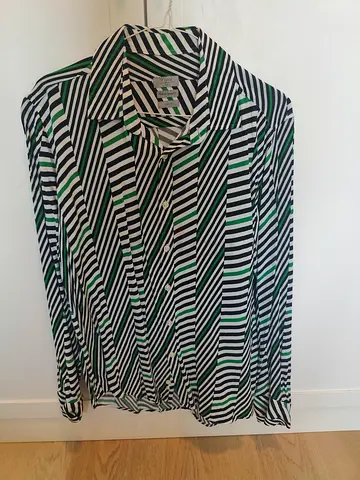Men's long sleeve striped shirt — black, white & green, size M