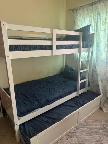 White Wooden Triple Bunk Bed with Trundle — Good Condition