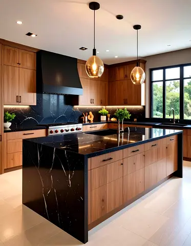 Modern wooden black marble island and pendant lights