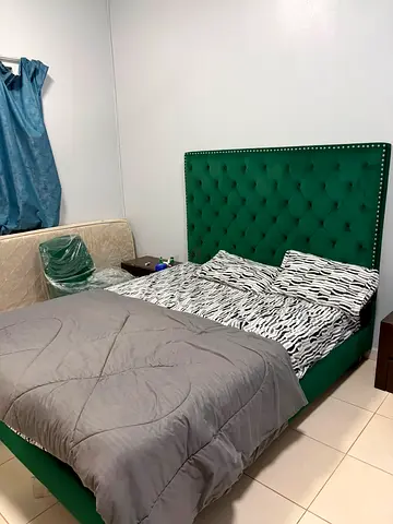Green Velvet Bed Frame with Matching Accent Chairs — Good Condition