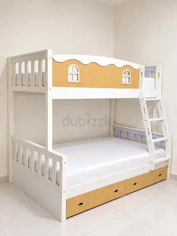 New Wooden White & Beige Bunk Bed with Storage Drawers