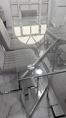 Glass Dining Table with Chrome X-Base and 8 Upholstered Chairs