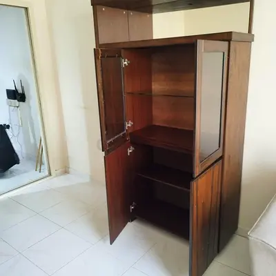 Wooden Storage Cabinet with Glass Doors and Shelves