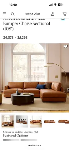 West Elm leather chaise sectional sofa