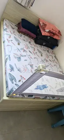 Solid wooden full set along with baby crib with side safety rail and mattress - used.