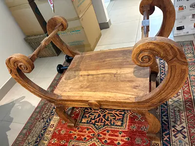 Solid Wood Carved Bench / Ottoman with Scroll Arms, old from India
