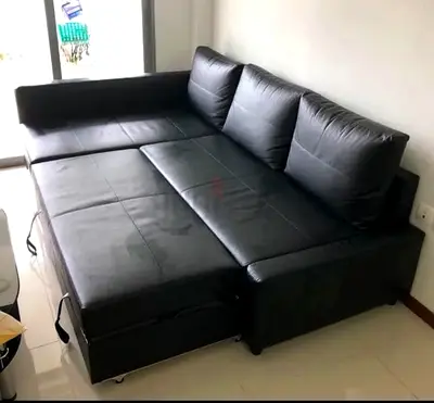 Black Faux Leather Pull Out Sofa Bed with storage